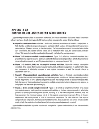 159
APPENDIX X4
CONFORMANCE ASSESSMENT WORKSHEETS
Appendix X4 provides a number of assessment worksheets.The values used for the total counts in each component
category are taken directly from Appendix X3. Each worksheet is explained in greater detail as follows:
u
u Figure X4-1 Base worksheet. Figure X4-1 reflects the potentially available values for each category filled in.
Note that the conditional component categories are listed in both sections at this point since it has not been
determined yet if they are required for the given project.The base sheet also reflects the required value for the
core components, the available optional values, and at the bottom of the page, the total available points are
shown. This base sheet can be reproduced and manually marked up for any assessment.
u
u Figure X4-2 Resource-required example worksheet. Figure X4-2 reflects a completed worksheet for a
project that only required resource loading in addition to the base core components; it reflects the presence of
some optional components as well. The example reflects an assessment score of 53.
u
u Figure X4-3 Resource, EVM, and risk-required example worksheet. Figure X4-3 reflects a completed
worksheet for a project that requires resource loading, EVM, and risk management in addition to the base
core components; it reflects the presence of some optional components as well. The example reflects an
assessment score of 67.
u
u Figure X4-4 Resource and risk-required example worksheet. Figure X4-4 reflects a completed worksheet
for a project that required resource loading and risk management in addition to the base core components; it
reflects the presence of some optional components as well. The example reflects an assessment score of 86.
Note that some of the scored optional components are EVM components, but since they were not required on
this project, they are in the optional category.
u
u Figure X4-5 Non-scored example worksheet. Figure X4-5 reflects a completed worksheet for a project
that required resource loading and risk management in addition to the base core components; it reflects the
presence of some optional components as well, including all of the EVM components. However, note that
this assessment has no score because not all of the required components are present. Three of the core
requirements are missing as well as three of the resource components. The rules state that if the required
components are not present, then no score should be recorded. Note you can still see earned versus available
points in both the required and optional areas, but no conformance index value is recorded.
Appendix X4 was developed to provide the user with examples for a greater understanding of how the assessment
process works.
 