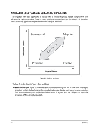 10 Section 2
2.2 PROJECT LIFE CYCLES AND SCHEDULING APPROACHES
No single type of life cycle is perfect for all projects or for all portions of a project. Instead, each project life cycle
falls within the continuum shown in Figure 2-1, which provides an optimum balance of characteristics for its context.
Various scheduling approaches may be used within the life cycles described.
Frequency
of
Delivery
Low
High
Degree of Change
Predictive
Incremental
Iterative
Adaptive
Low High
Continuum
Figure 2-1. Life Cycle Continuum
The four life cycles shown in Figure 2-1 are as follows:
u
u Predictive life cycle. Figure 2-2 illustrates a typical predictive flow diagram.This life cycle takes advantage of
projects or products that are known and proven allowing the major planning to occur prior to project execution.
This reduces uncertainty and complexity and allows teams to segment work into a sequence of predictable
groupings. CPM is a predictive approach.
 