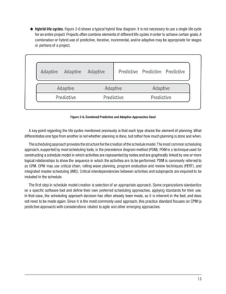13
u
u Hybrid life cycles. Figure 2-6 shows a typical hybrid flow diagram. It is not necessary to use a single life cycle
for an entire project. Projects often combine elements of different life cycles in order to achieve certain goals.A
combination or hybrid use of predictive, iterative, incremental, and/or adaptive may be appropriate for stages
or portions of a project.
Adaptive Adaptive Adaptive Predictive Predictive Predictive
Adaptive
Predictive
Adaptive
Predictive
Adaptive
Predictive
Figure 2-6. Combined Predictive and Adaptive Approaches Used
A key point regarding the life cycles mentioned previously is that each type shares the element of planning. What
differentiates one type from another is not whether planning is done, but rather how much planning is done and when.
Theschedulingapproachprovidesthestructureforthecreationoftheschedulemodel.Themostcommonscheduling
approach, supported by most scheduling tools, is the precedence diagram method (PDM). PDM is a technique used for
constructing a schedule model in which activities are represented by nodes and are graphically linked by one or more
logical relationships to show the sequence in which the activities are to be performed. PDM is commonly referred to
as CPM. CPM may use critical chain, rolling wave planning, program evaluation and review techniques (PERT), and
integrated master scheduling (IMS). Critical interdependencies between activities and subprojects are required to be
included in the schedule.
The first step in schedule model creation is selection of an appropriate approach. Some organizations standardize
on a specific software tool and define their own preferred scheduling approaches, applying standards for their use.
In that case, the scheduling approach decision has often already been made, as it is inherent in the tool, and does
not need to be made again. Since it is the most commonly used approach, this practice standard focuses on CPM (a
predictive approach) with considerations related to agile and other emerging approaches.
 