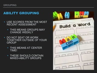 GROUPING
ABILITY GROUPING
▸ USE SCORES FROM THE MOST
RECENT ASSESSMENT
▸ THIS MEANS GROUPS MAY
CHANGE WEEKLY
▸ DO NOT SEAT OR WORK
TOGETHER OUTSIDE OF YOUR
GROUP
▸ THIS MEANS AT CENTER
TIME!
▸ THESE SHOULD CONTAIN
MIXED-ABILITY GROUPS
 