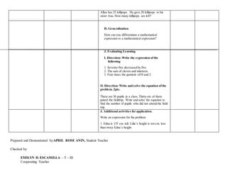Differentiates expression from equation, Translate word phrase to ...