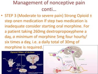 Management of nonceptive pain 
conti… 
• STEP 3 (Moderate to severe pain) Strong Opioid ± 
step onen medication If step two medication is 
inadequate consider starting oral morphine. For 
a patient taking 260mg dextropropoxyphene a 
day, a minimum of morphine 5mg four hourly/ 
six times a day, i.e. a daily total of 30mg of 
morphine is required. 
 