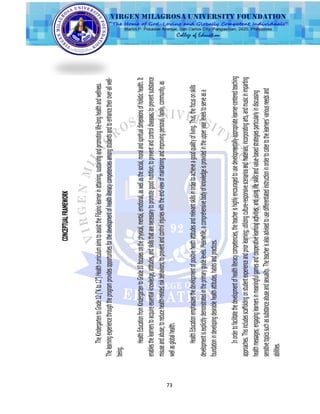 73
CONCEPTUALFRAMEWORK
TheKindergartentoGrade12(―Kto12‖)HealthcurriculumaimstoassisttheFilipinolearnerinattaining,sustainingandpromotinglife-longhealthandwellness.
Thelearningexperiencethroughtheprogramprovidesopportunitiesforthedevelopmentofhealthliteracycompetenciesamongstudentsandtoenhancetheirover-allwell-
being.
HealthEducationfromKindergartentoGrade10focusesonthephysical,mental,emotional,aswellasthesocial,moralandspiritualdimensionsofholistichealth.It
enablesthelearnerstoacquireessentialknowledge,attitudes,andskillsthatarenecessarytopromotegoodnutrition;topreventandcontroldiseases;topreventsubstance
misuseandabuse;toreducehealth-relatedriskbehaviors;topreventandcontrolinjurieswiththeend-viewofmaintainingandimprovingpersonal,family,community,as
wellasglobalhealth.
HealthEducationemphasizesthedevelopmentofpositiveheathattitudesandrelevantskillsinordertoachieveagoodqualityofliving.Thus,thefocusonskills
developmentisexplicitlydemonstratedintheprimarygradelevels.Meanwhile,acomprehensivebodyofknowledgeisprovidedintheupperyearlevelstoserveasa
foundationindevelopingdesirablehealthattitudes,habitsandpractices.
Inordertofacilitatethedevelopmentofhealthliteracycompetencies,theteacherishighlyencouragedtousedevelopmentally-appropriatelearner-centeredteaching
approaches.Thisincludesscaffoldingonstudentexperienceandpriorlearning;utilizingculture-responsivescenariosandmaterials;incorporatingarts,andmusicinimparting
healthmessages;engaginglearnersinmeaningfulgamesandcooperativelearningactivities;andusinglifeskillsandvalue-basedstrategiesparticularlyindiscussing
sensitivetopicssuchassubstanceabuseandsexuality.Theteacherisalsoadvisedtousedifferentiatedinstructioninordertocatertothelearners‘variousneedsand
abilities.
 