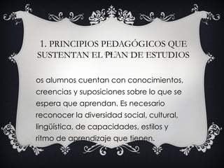 1. PRINCIPIOS PEDAGÓGICOS QUE
SUSTENTAN EL PLAN DE ESTUDIOS

os alumnos cuentan con conocimientos,
creencias y suposiciones sobre lo que se
espera que aprendan. Es necesario
reconocer la diversidad social, cultural,
lingüística, de capacidades, estilos y
ritmo de aprendizaje que tienen.
 