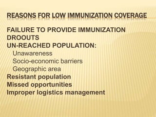 REASONS FOR LOW IMMUNIZATION COVERAGE
FAILURE TO PROVIDE IMMUNIZATION
DROOUTS
UN-REACHED POPULATION:
Unawareness
Socio-economic barriers
Geographic area
Resistant population
Missed opportunities
Improper logistics management
 