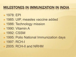 MILESTONES IN IMMUNIZATION IN INDIA
 1978: EPI
 1985: UIP, measles vaccine added
 1986: Technology mission
 1990: Vitamin A
 1992: CSSM
 1995: Polio National Immunization days
 1997: RCH-I
 2005: RCH-II and NRHM
 