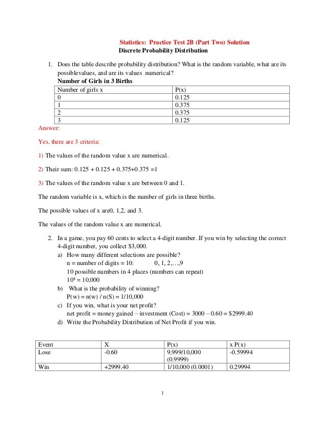 Practice Test 2B Discrete Probability Distribution Solution