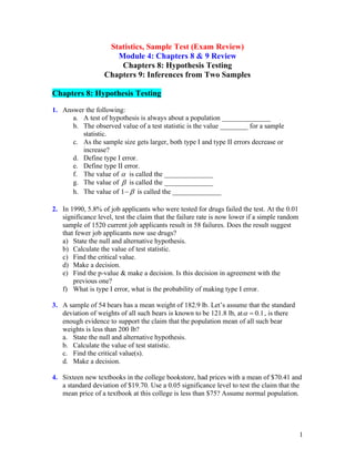 Practice test ch 8 hypothesis testing ch 9 two populations | PDF