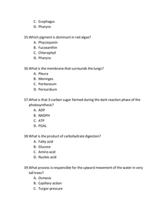 C. Esophagus
D. Pharynx
35.Which pigment is dominant in red algae?
A. Phycocyanin
B. Fucoxanthin
C. Chlorophyll
D. Pharynx
36.What is the membrane that surrounds the lungs?
A. Pleura
B. Meninges
C. Peritoneum
D. Pericardium
37.What is that 3-carbon sugar formed during the dark reaction phase of the
photosynthesis?
A. ADP
B. NADPH
C. ATP
D. PGAL
38.What is the product of carbohydrate digestion?
A. Fatty acid
B. Glucose
C. Amino acid
D. Nucleic acid
39.What process is responsible for the upward movement of the water in very
tall trees?
A. Osmosis
B. Capillary action
C. Turgor pressure
 