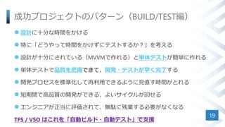 成功プロジェクトのパターン（BUILD/TEST編）
 設計に十分な時間をかける
 特に「どうやって時間をかけずにテストするか？」を考える
 設計が十分にされている（MVVMで作れる）と単体テストが簡単に作れる
 単体テストで品質を把握できて、開発・テストが早く完了する
 開発プロセスを標準化して再利用できるように見直す時間がとれる
 短期間で高品質の開発ができる、よいサイクルが回せる
 エンジニアが正当に評価されて、無駄に残業する必要がなくなる
TFS / VSO はこれを「自動ビルド・自動テスト」で支援
19
 