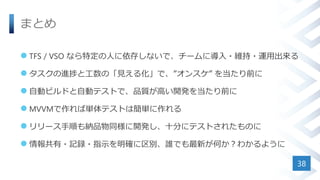 まとめ
 TFS / VSO なら特定の人に依存しないで、チームに導入・維持・運用出来る
 タスクの進捗と工数の「見える化」で、”オンスケ” を当たり前に
 自動ビルドと自動テストで、品質が高い開発を当たり前に
 MVVMで作れば単体テストは簡単に作れる
 リリース手順も納品物同様に開発し、十分にテストされたものに
 情報共有・記録・指示を明確に区別、誰でも最新が何か？わかるように
38
 