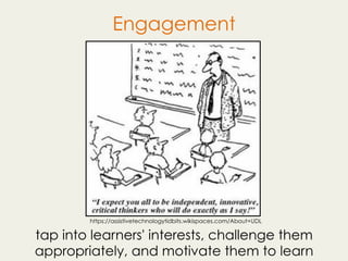 Engagement
tap into learners' interests, challenge them
appropriately, and motivate them to learn
https://assistivetechnol...