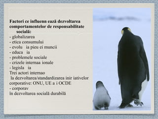 Factori ce influențează   dezvoltarea  comportamentelor de responsabilitate  socială:  - globalizarea - etica consumului - evoluția pieței muncii  - educația  - problemele sociale - crizele internaționale - legislația Trei actori internaționali au contribuit  la dezvoltarea/standardizarea inițiativelor  corporative: ONU, UE și OCDE - corporațiile ca parteneri credibili, necesari  în dezvoltarea socială durabilă 