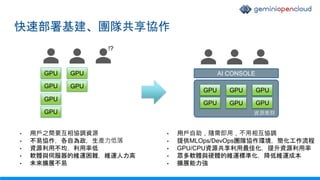 快速部署基建、團隊共享協作
GPU
GPU
GPU
GPU
GPU
GPU
!?
GPU
GPU
GPU
GPU
GPU
GPU
AI CONSOLE
資源集群
• 用戶自助，隨需即用，不用相互協調
• 提供MLOps/DevOps團隊協作環境，簡化工作流程
• GPU/CPU資源共享利用最佳化，提升資源利用率
• 眾多軟體與硬體的維運標準化，降低維運成本
• 擴展能力強
• 用戶之間要互相協調資源
• 不易協作，各自為政，生產力低落
• 資源利用不均，利用率低
• 軟體與伺服器的維運困難，維運人力高
• 未來擴展不易
 