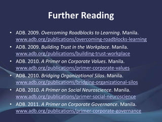 Further Reading
• ADB. 2009. Overcoming Roadblocks to Learning. Manila.
www.adb.org/publications/overcoming-roadblocks-learning
• ADB. 2009. Building Trust in the Workplace. Manila.
www.adb.org/publications/building-trust-workplace
• ADB. 2010. A Primer on Corporate Values. Manila.
www.adb.org/publications/primer-corporate-values
• ADB. 2010. Bridging Organizational Silos. Manila.
www.adb.org/publications/bridging-organizational-silos
• ADB. 2010. A Primer on Social Neuroscience. Manila.
www.adb.org/publications/primer-social-neuroscience
• ADB. 2011. A Primer on Corporate Governance. Manila.
www.adb.org/publications/primer-corporate-governance
 