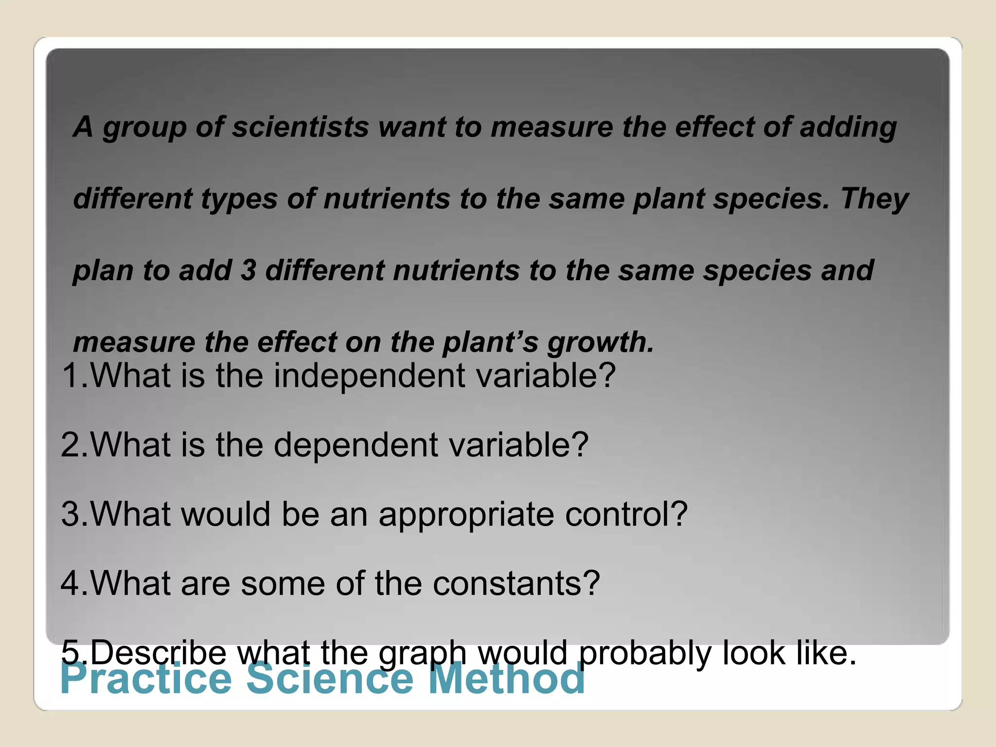 A group of scientists want to measure the effect of adding 
different types of nutrients to the same plant species. They 
plan to add 3 different nutrients to the same species and 
measure the effect on the plant’s growth. 
1.What is the independent variable? 
2.What is the dependent variable? 
3.What would be an appropriate control? 
4.What are some of the constants? 
5.Describe what the graph would probably look like. 
Practice Science Method 
