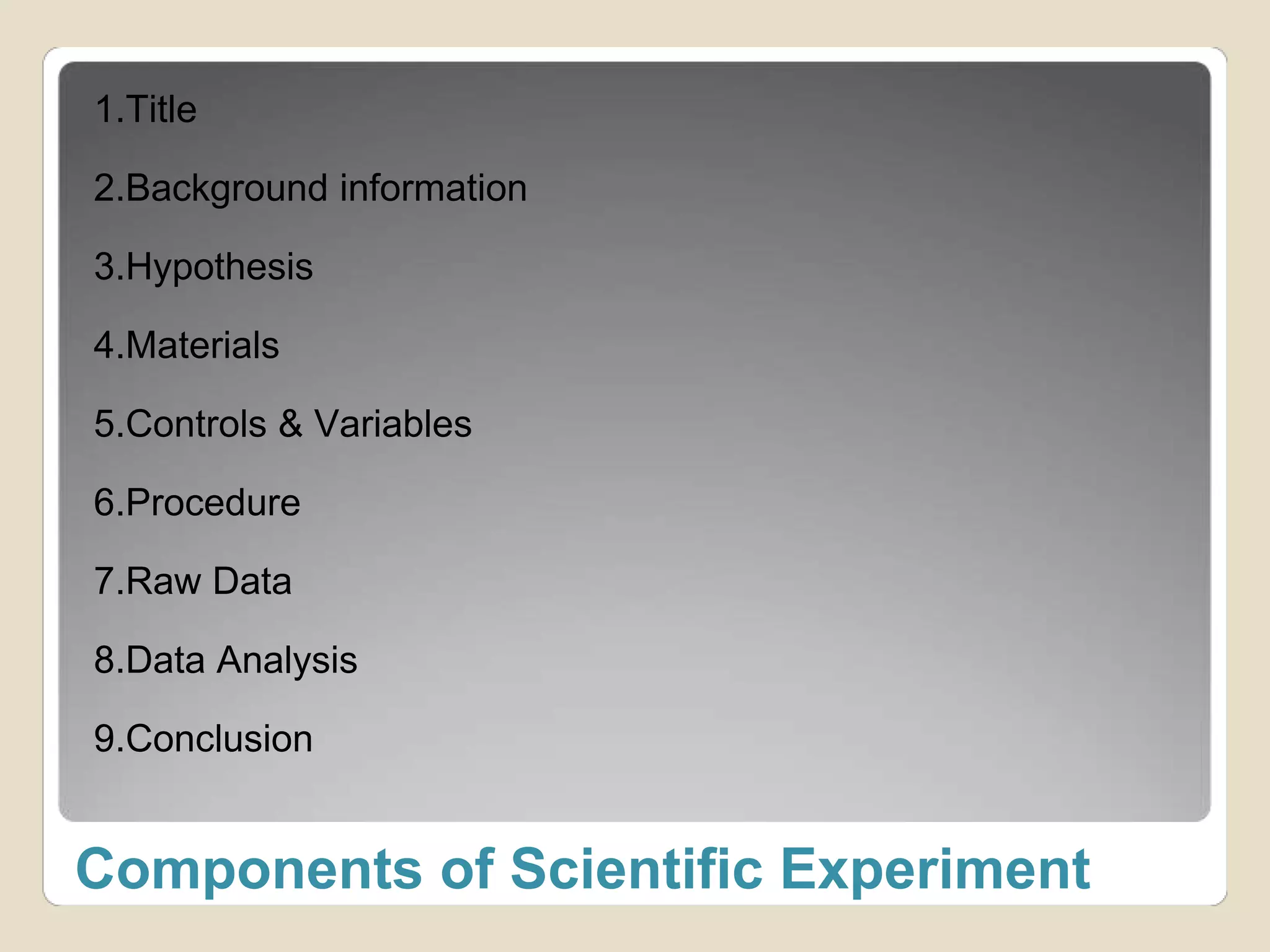 1.Title 
2.Background information 
3.Hypothesis 
4.Materials 
5.Controls & Variables 
6.Procedure 
7.Raw Data 
8.Data Analysis 
9.Conclusion 
Components of Scientific Experiment 
 