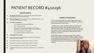 PATIENT RECORD #410296
GIVEN CODES:
■ Dx Reason forVisit: Z01.21 Encounter for dental examination
and cleaning with abnormal findings
■ Primary Diagnosis: Z01.21 Encounter for dental examination and
cleaning with abnormal findings
■ Secondary Diagnoses:
– F79 Unspecified intellectual disabilities
– F84.0 Autistic disorder
– G40.409 Other generalized epilepsy and epileptic
syndromes, not intractable, without status epilepticus
– E78.5 Hyperlipidemia, unspecified
– K04.7 Periapical abscess without sinus
■ Detailed HCPCS Codes:
■ D7140 Extraction, erupted tooth or exposed root (elevation
and/or forceps removal)
■ D2332 Resin based composite three surfaces, anterior
■ D2393 Resin based composite three surfaces, posterior
■ D2140 Amalgam one surface, primary or permanent
■ D0180 Comprehensive periodontal evaluation new or established
patient
CORRECTIONS/TIPS:
This record had HCPCS codes unlike the others.
Some of the HCPCS codes described the surfaces
being restored of the teeth
. I think some missing information in the record
was which surfaces were being restored.The
HCPCS codes claim 3 codes for composite (which I
can confirm was in the record) but has a total of 6
codes for each composite for the anterior and
posterior surfaces.
I also think there may be missing information
about the extraction that has been coded, unless it
is considering the apical 3mm of tooth 8 that was
resected but I don’t think this is an extraction.
(resection being a term typically used for root
canals)
 