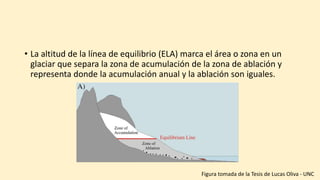 • La altitud de la línea de equilibrio (ELA) marca el área o zona en un
glaciar que separa la zona de acumulación de la zona de ablación y
representa donde la acumulación anual y la ablación son iguales.
Figura tomada de la Tesis de Lucas Oliva - UNC
 