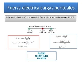 Fuerza eléctrica cargas puntuales2.-Determine la dirección y el valor de la fuerza eléctrica sobre la carga Q3. (PHET)Ft=F2-F1Ft = 2.7 – 1.152Ft = 1.55 N