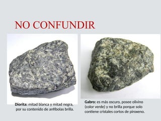 NO CONFUNDIR
Diorita: mitad blanca y mitad negra,
por su contenido de anfíbolas brilla.
Gabro: es más oscuro, posee olivino
(color verde) y no brilla porque solo
contiene cristales cortos de piroxeno.
 