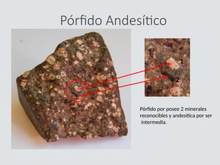 Pórfido Andesítico
Pórfido por posee 2 minerales
reconocibles y andesítica por ser
intermedia.
1
2
 