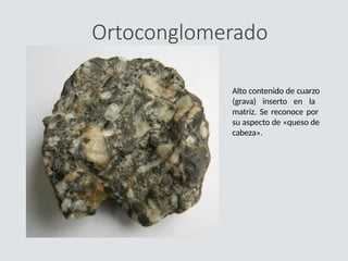 Ortoconglomerado
Alto contenido de cuarzo
(grava) inserto en la
matriz. Se reconoce por
su aspecto de «queso de
cabeza».
 