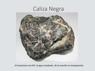 Caliza Negra
Al reaccionar con HCl el agua resultante de la reacción es transparente.
 