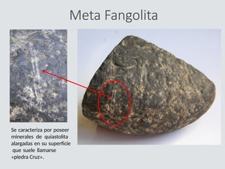 Meta Fangolita
Se caracteriza por poseer
minerales de quiastolita
alargadas en su superficie
que suele llamarse
«piedra Cruz».
 