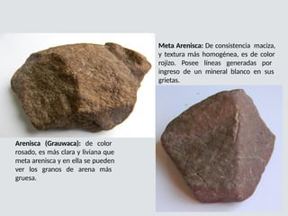 NO CONFUNDIR Meta Arenisca: De consistencia maciza,
y textura más homogénea, es de color
rojizo. Posee líneas generadas por
ingreso de un mineral blanco en sus
grietas.
Arenisca (Grauwaca): de color
rosado, es más clara y liviana que
meta arenisca y en ella se pueden
ver los granos de arena más
gruesa.
 