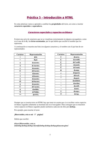 Práctica 3 - Introducción a HTML
En estas prácticas vamos a aprender a cambiar las propiedades del texto, así como a insertar
caracteres especiales o separadores.

Caracteres especiales y espacios en blanco
Existen una serie de caracteres que no se visualizan correctamente en algunos navegadores, como
es el caso de la ñ y las letras acentuadas, por lo que habría que escribir el nombre que los
representa.
A continuación se muestra una lista con algunos caracteres y el nombre con el que han de ser
representados:
Carácter
<
>
á

&aacute;

Á
é
É
í
Í
ó
Ó
ú
Ú
ñ
Ñ
™

Carácter
€
Ç
Ç
Ü
Ü
&
¿
¡
"
·
º
ª
¬
©
®

Representación
<
>
&Aacute;
&eacute;
&Eacute;
&iacute;
&Iacute;
&oacute;
&Oacute;
&uacute;
&Uacute;
&ntilde;
&Ntilde;


Representación
&euro;
&ccedil;
&Ccedil;
&uuml;
&Uuml;
&amp;
&iquest;
&iexcl;
"
&middot;
&ordm;
&ordf;
&not;
&copy;
&reg;

Siempre que se inserta texto en HTML hay que tener en cuenta que si se escriben varios espacios
en blanco seguidos sólamente se mostrará uno en el navegador. Para conseguir que se muestren
varios espacios en blanco seguidos puede sustituirse cada uno de ellos por &nbsp;.
Por ejemplo, para insertar el texto:
¡Bienvenidos, esta es mi 1ª página!
Habría que escribir:
&iexcl;Bienvenidos, esta es
mi&nbsp;&nbsp;&nbsp;1&ordf;&nbsp;&nbsp;&nbsp;p&aacute;gina!

7

 