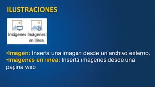 ILUSTRACIONES
•Imagen: Inserta una imagen desde un archivo externo.
•Imágenes en línea: Inserta imágenes desde una
pagina web
 