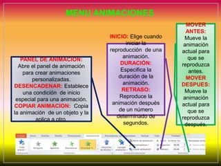 MENU ANIMACIONES
PANEL DE ANIMACION:
Abre el panel de animación
para crear animaciones
personalizadas.
DESENCADENAR: Establece
una condición de inicio
especial para una animación.
COPIAR ANIMACION: Copia
la animación de un objeto y la
aplica a otro.
INICIO: Elige cuando
iniciar la
reproducción de una
animación.
DURACIÓN:
Especifica la
duración de la
animación.
RETRASO:
Reproduce la
animación después
de un número
determinado de
segundos.
MOVER
ANTES:
Mueve la
animación
actual para
que se
reproduzca
antes.
MOVER
DESPUES:
Mueve la
animación
actual para
que se
reproduzca
después.
 
