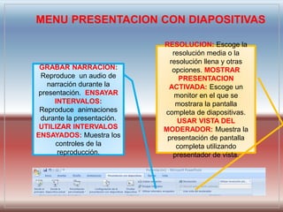 MENU PRESENTACION CON DIAPOSITIVAS
GRABAR NARRACION:
Reproduce un audio de
narración durante la
presentación. ENSAYAR
INTERVALOS:
Reproduce animaciones
durante la presentación.
UTILIZAR INTERVALOS
ENSAYADOS: Muestra los
controles de la
reproducción.
RESOLUCION: Escoge la
resolución media o la
resolución llena y otras
opciones. MOSTRAR
PRESENTACION
ACTIVADA: Escoge un
monitor en el que se
mostrara la pantalla
completa de diapositivas.
USAR VISTA DEL
MODERADOR: Muestra la
presentación de pantalla
completa utilizando
presentador de vista.
 