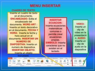 MENU INSERTAR
CUADRO DE TEXTO:
Inserta un cuadro de texto
en el documento.
ENCABEZADO: Edita el
encabezado del
documento. WORD ART :
Inserta un texto decorativo
en el documento. FECHA Y
HORA: Inserta la fecha y
hora actual en el
documento. INSERTAR UN
NUMERO DE
DIAPOSITIVA: Inserta un
numero de diapositiva.
INSERTAR OBJETO:
Inserta un objeto
incrustado.
INSERTAR
ECUACION:
Inserta ecuaciones
matemáticas
comunes o
permite crear
ecuaciones
propias.
SIMBOLO: Inserta
caracteres que no
existen en el
teclado.
VIDEO:
Inserta un
clip de
video en la
presentació
n. AUDIO:
Inserta un
clip de
audio en la
diapositiva
 