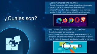 • LOS NAVEGADORES MAS COMUNES:
• Google Chrome: 60,64 % de participación en el mercado.
• Safari: 20,06 % de participación en el mercado.
• Microsoft Edge: 6,21 % de participación en el mercado.
• Mozilla Firefox: 5,18 % de participación en el mercado.
¿Cuales son?
• LOS MOTORES DE BUSQUEDA MAS COMUNES:
• Google: Buscador por excelencia.
• Yahoo!: fue el mas importante en la decada del 2000´s
• Bing: Fue la fuerte competencia en su momente de yahoo
• Ask: El motor de busqueda que busca repuntar el mercado
 