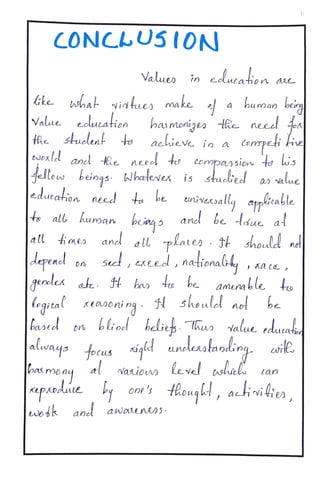 CONCLUS1ON
Values in elutatio n ane
ike shak
whak vidfues make a human bei
Vane haumoniges ke neced p
acieve in a
opei ie
eclutation
stuelent
euoald aned Re neeel to compassicn ts is
4llow beiogs Whaeleves is stuclied a Vaue
edutcaion necd be
CwOxld
being
univexsall appitable
tall human being aned be due at
all ime and all plate) tt shoulel ndt
depencd on Sect, exeed, national-, aaLe
enles
geles ak hns tto be. ameable to
Legieal easening shoulel ot be
bastd trt blinel belieg.Thu Yalue. edutatio
au focus igle unelexotanding. wi
hasmo ny Nasiovo e vel shucl tan
KpADole ent's houhd, ainili
wodk and awonenAns.
 