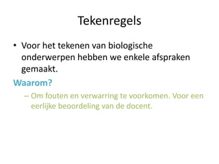 Tekenregels 
• Voor het tekenen van biologische 
onderwerpen hebben we enkele afspraken 
gemaakt. 
Waarom? 
– Om fouten en verwarring te voorkomen. Voor een 
eerlijke beoordeling van de docent. 
 