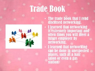 Tips from a ProfessionalI learned numerous things from the PR professional that I interviewed. One of the most important things that I learned was that technology is extremely important in Public Relations.I also learned that I need to be proficient in design programs, such as Adobe and Microsoft Publisher. 