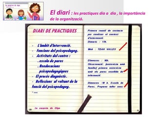 El diari : les practiques dia a dia , la importància
de la organització.
 