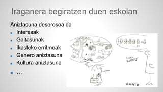 Iraganera begiratzen duen eskolan 
Aniztasuna deserosoa da 
■ Interesak 
■ Gaitasunak 
■ Ikasteko erritmoak 
■ Genero aniztasuna 
■ Kultura aniztasuna 
■ … 
 