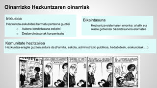 Oinarrizko Hezkuntzaren oinarriak 
Inklusioa 
Hezkuntza-eskubidea bermatu pertsona guztiei 
o Aukera-berdintasuna eskeini 
o Desberdintasunak konpentsatu 
Bikaintasuna 
Hezkuntza-sistemaren erronka: ahalik eta 
ikasle gehienak bikaintasunera eramatea 
Komunitate hezitzailea 
Hezkuntza‐eragile guztien ardura da (Familia, eskola, administrazio publikoa, hedabideak, erakundeak …) 
 