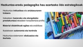 Hezkuntza-eredu pedagogiko hau ezartzeko ildo estrategikoak 
Hezkuntza inklusiboa eta aniztasunaren 
trataera 
Irakasleen hasierako eta etengabeko 
prestakuntza(irakasleen konpetentzia-profila) 
Material didaktikoak egitea eta erabiltzea 
Ikastetxeen autonomia eta kontrola 
Hezkuntza-sistemaren ebaluazioa eta 
ikerketa 
 