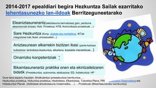 2014-2017 epealdiari begira Hezkuntza Sailak ezarritako 
lehentasunezko lan-ildoak Berritzeguneetarako 
Eleaniztasunerantz(elebitasuna bermatzeaz gain, pertsona 
eleaniztunak lortzea, Hizk. Proiektua, HTB, Komunikazio proiektuak…) 
Sare Hezkuntza (Konp. digitala eta mediatikoa. IKTak 
integratzea irak./ikast. prozesuetan...) 
Aniztasunean elkarrekin bizitzen ikasi (parte-hartzea 
bultzatzea: lankidetza-ikaskuntza, elkarlana, ikastalde interaktiboak...) 
Oinarrizko konpetentziak * 
Bikaintasunerantz praktika onen eta ekintzailetzaren 
bidetik (Prestakuntza, autonomia, ebaluazioa: ED, hobekuntza: HP 
Gure lana esparru hauetan: Aholkularitza /prestakuntza/ berrikuntza….. 
Hezkuntza proiektua, Hizkuntza proiektua, Hezkidetza, Elkarbizitza, Tutoretza Plana, PIRE, Ebaluazio Diagnostikoa eta 
Hobekuntza Planak (Adibideak:ahozkotasuna /matematika….)…. Proiektuak (Bikaintasunerako berrikuntza) 
 