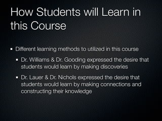 How Students will Learn in
this Course
 Different learning methods to utilized in this course
   Dr. Williams & Dr. Gooding expressed the desire that
   students would learn by making discoveries
   Dr. Lauer & Dr. Nichols expressed the desire that
   students would learn by making connections and
   constructing their knowledge
 