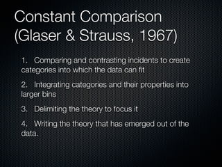 Constant Comparison
(Glaser & Strauss, 1967)
 1.	 Comparing and contrasting incidents to create
 categories into which the data can ﬁt
 2.	 Integrating categories and their properties into
 larger bins
 3.	 Delimiting the theory to focus it
 4.	 Writing the theory that has emerged out of the
 data.
 
