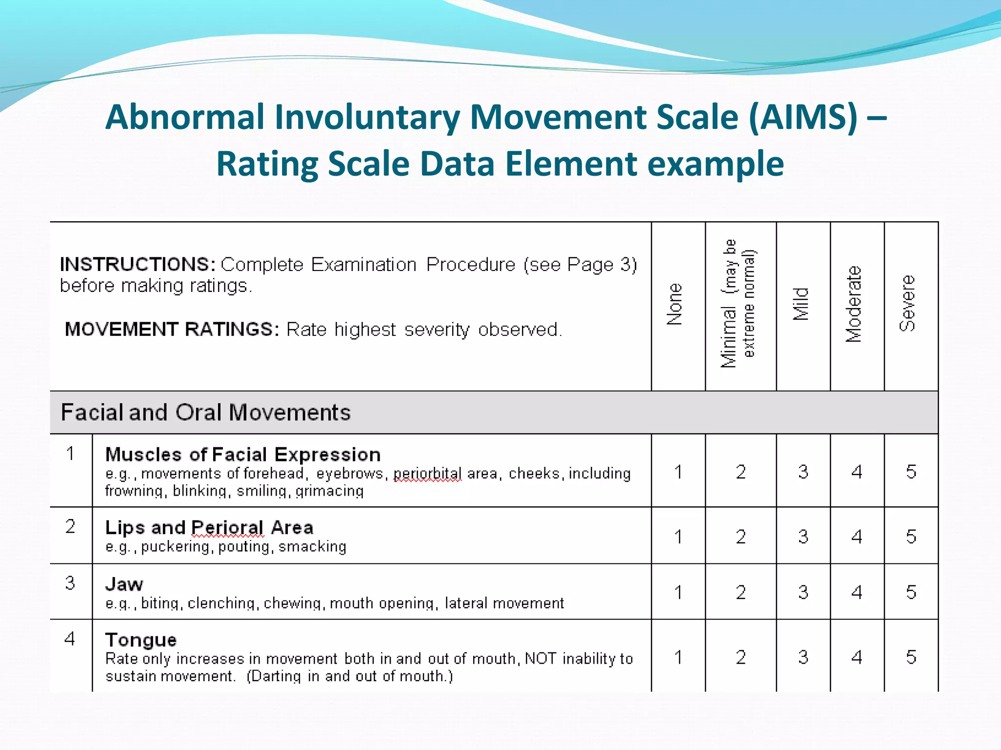 Abnormal Involuntary Movement Scale (AIMS) –
Rating Scale Data Element example
 