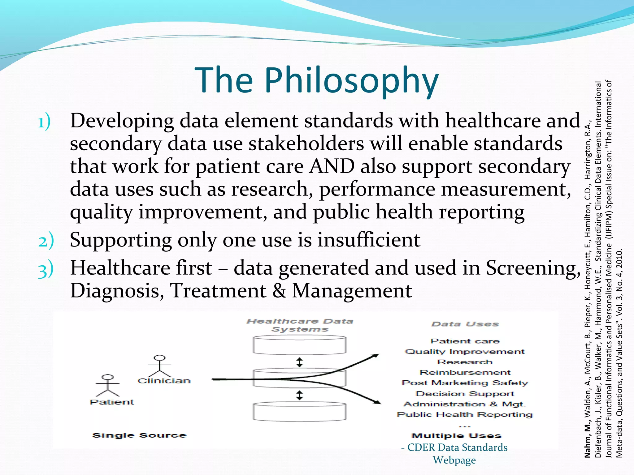 The Philosophy
1) Developing data element standards with healthcare and
secondary data use stakeholders will enable standards
that work for patient care AND also support secondary
data uses such as research, performance measurement,
quality improvement, and public health reporting
2) Supporting only one use is insufficient
3) Healthcare first – data generated and used in Screening,
Diagnosis, Treatment & Management
- CDER Data Standards
Webpage
Nahm,M.,Walden,A.,McCourt,B.,Pieper,K.,Honeycutt,E.,Hamilton,C.D.,Harrington,R.A.,
Diefenbach,J.,Kisler,B.,Walker,M.,Hammond,W.E.,StandardizingClinicalDataElements.International
JournalofFunctionalInformaticsandPersonalisedMedicine(IJFIPM)SpecialIssueon:"TheInformaticsof
Meta-data,Questions,andValueSets".Vol.3,No.4,2010.
 