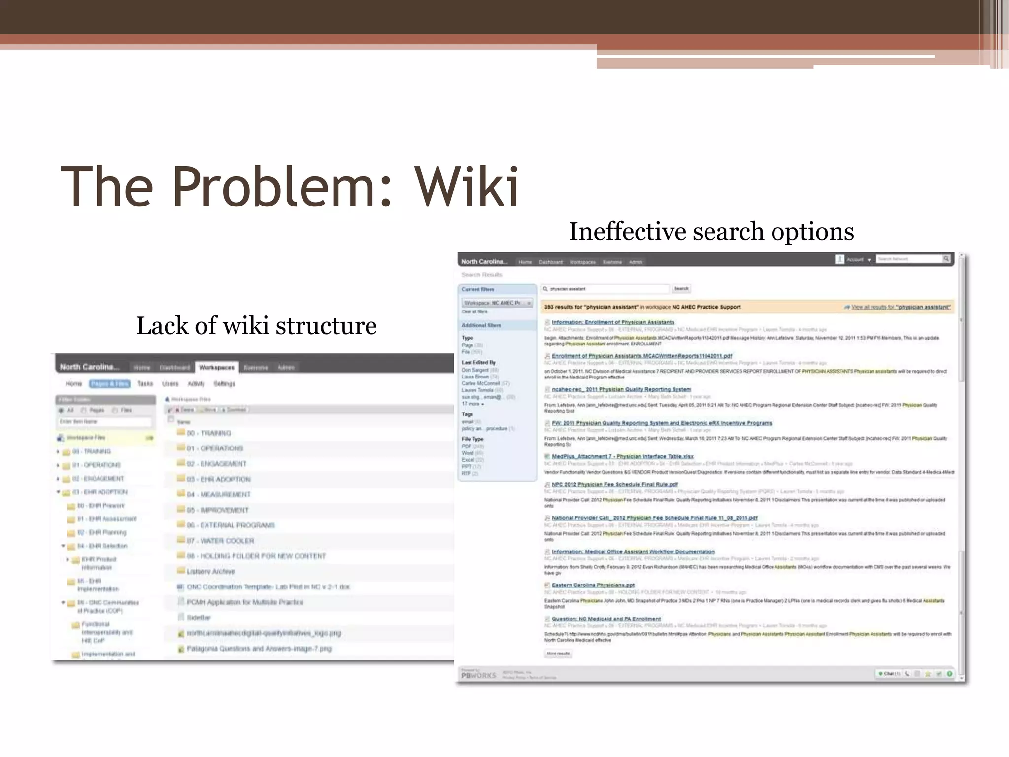 The Problem: Wiki
                           Ineffective search options


  Lack of wiki structure
 