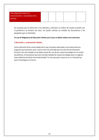 Han adquirido mejor los
conocimientos / contenidos de la
materia



    Se aconseja que la entrevista a los alumnos y alumnas se realice de común acuerdo con
    el profesor/a en horario de clase. Se puede realizar un estudio de frecuencias a las
    preguntas que se formulan.

    Yo soy de Magisterio de Educación infantil, por lo que no debía realizar esta entrevista

    Valoración y comentarios finales.

    Como valoración final a este trabajo decir que me parece adecuado y muy interesante las
    preguntas que presenta, pero si que lo veo más centrado para los alumnos de Educación
    Primaria. Con este trabajo me he dado cuenta de l uso de las nuevas tecnologías en mi centro
    de prácticas, el cual pienso que esta muy bien dotado de nuevas tecnologías pero en algunas
    clases deberían de darle más productividad. Yo creo que poco a poco se va a ir haciendo ya
    que la tecnología es el futuro.




                                                  47
 